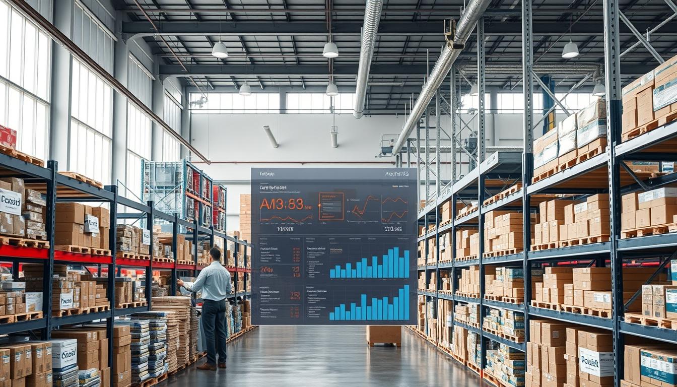 Business professional analyzing inventory management dashboard with AI, predictive analytics and data visualization for 2026 trends
